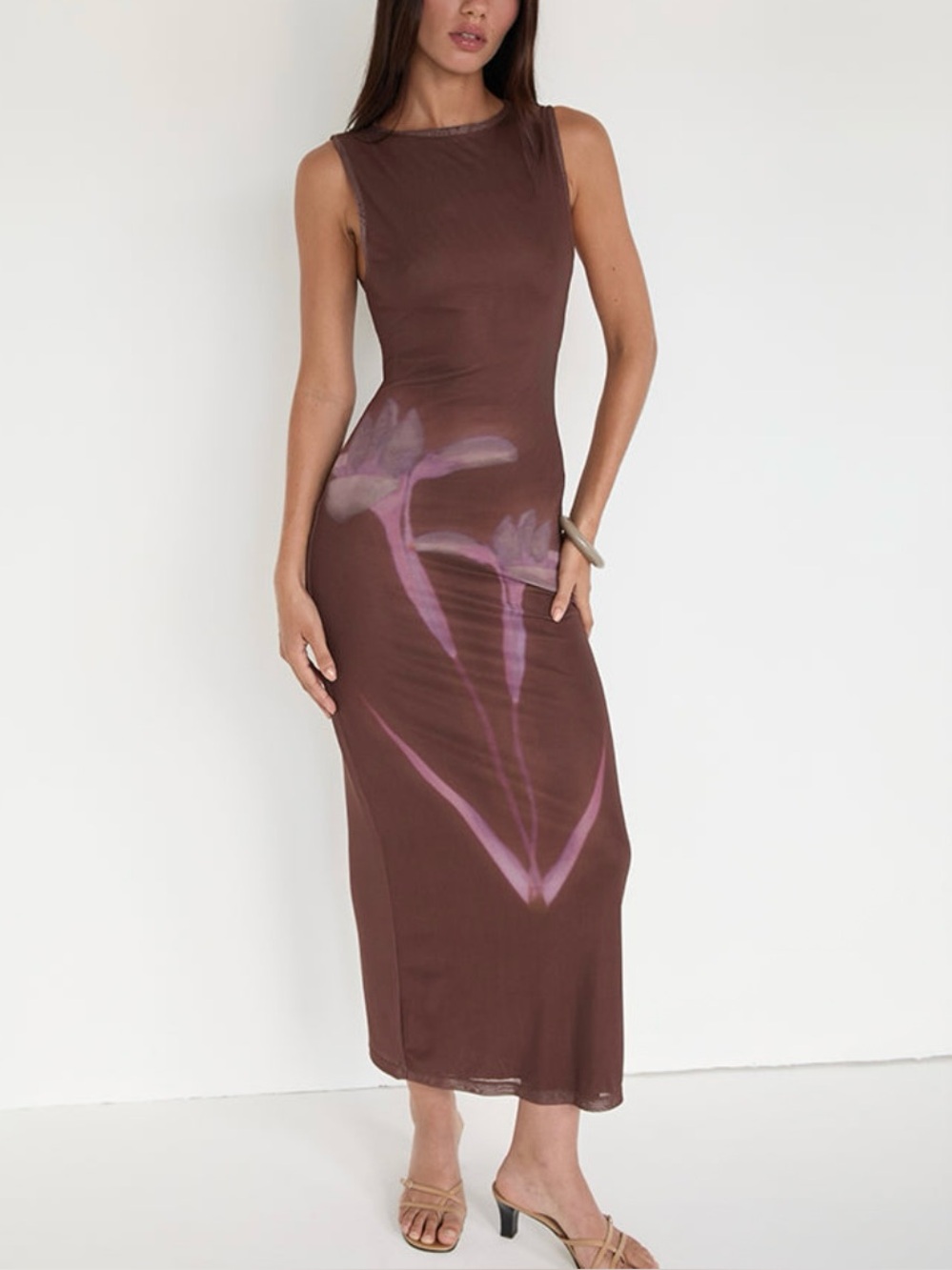Motel Brown with Pink/Purple Floral Tulip Design Bodycon Maxi Dress